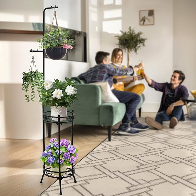 Adjustable Metal 4 Potted Flower Pot Plant Stands - 2 Tier 72 inch Tall Indoor Outdoor Heavy Duty Plant Shelf with Hangers - Perfect for Living Room Corner and Patio (White)