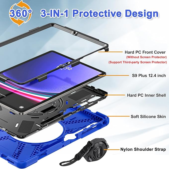 BRAECNstock Case for Samsung Galaxy Tab S10+ Plus/ S9 FE+ Plus/ S9+ Plus/ S8+ Plus/ S7 FE/ S7+ Plus 5G 12.4 inch Shockproof Protective Kids Cover with Pen Holder Rotating Hand Strap & Stand - Blue