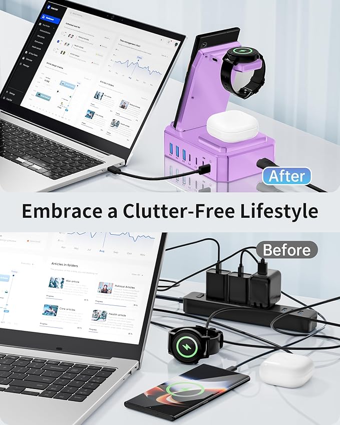 300W Wireless Charger for Samsung,Zutspzss 10 in 1 Wireless Charging Station, 65W USB C Fast Charging Stand for Samsung S25 Ultra/S24/S23/S22/Z Fold,Galaxy Watch Ultra7/6/5,Galaxy Buds,Purple