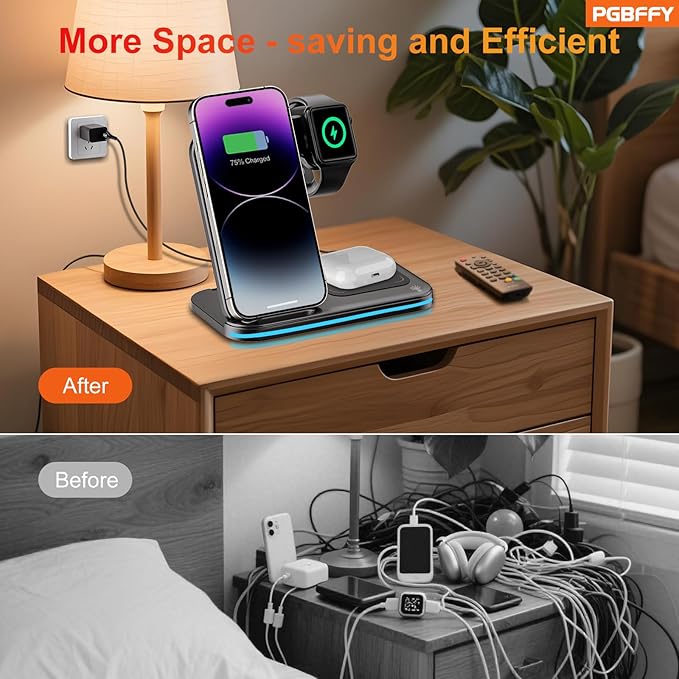 3 in 1 Charging Station Wireless Charger lPhone Foldable Charging Stand for Multiple Devices with Quick Charger for lPhone 16/15/14/13 Pro Max Watch AriPods Pro 2