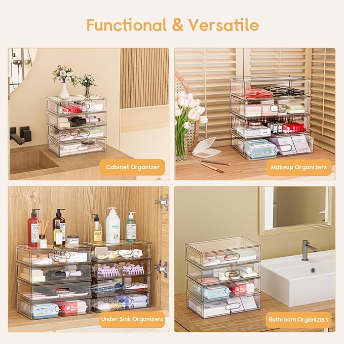 Clear Stackable Makeup Organizer with Drawer, 12''W Acrylic Storage Drawers, Cosmetic Display Case for Vanity Bathroom Countertop, Beauty Holder for Lipstick Brush Skincare Perfume (4 Pack) (3 Tier)