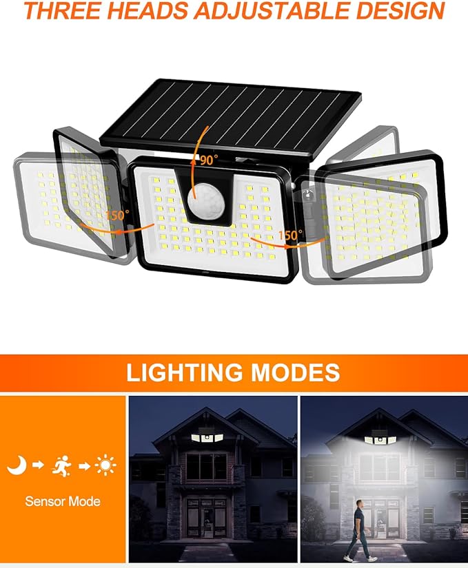 INCX Solar Motion Sensor Lights Outdoor, 3 Heads Security Lights Solar Powered, 156 LED Flood Light Motion Detected Spotlight for Patio Yard Garage Entryways, IP65 Waterproof 1 Pack