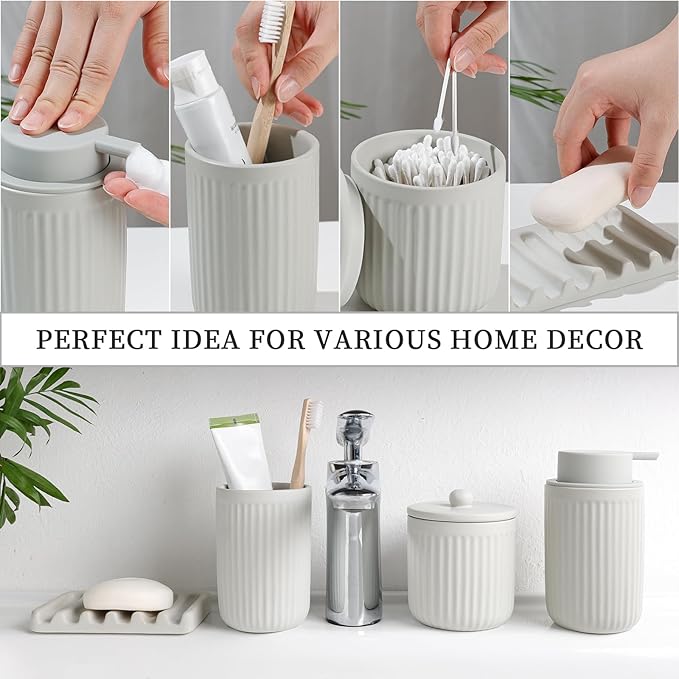 BosilunLife Light Grey Bathroom Accessories Set - Ceramic Bathroom Counter Soap Set Bathroom Decor Sets Accessories Bathroom Foam Soap Dispenser and Toothbrush Holder Set, Soap Dish, Apothecary Jars
