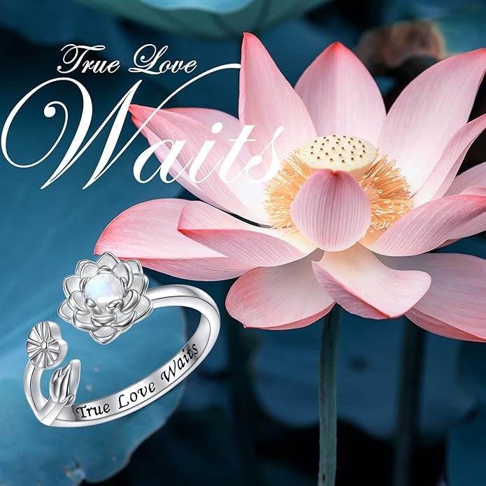 Moonstone Lotus Jewelry Set 925 Sterling Silver Lotus Flower Ring Engraved True Love Waits Natural Healing Buddha Spiritual Yoga Lotus Jewelry Set Gifts for Women