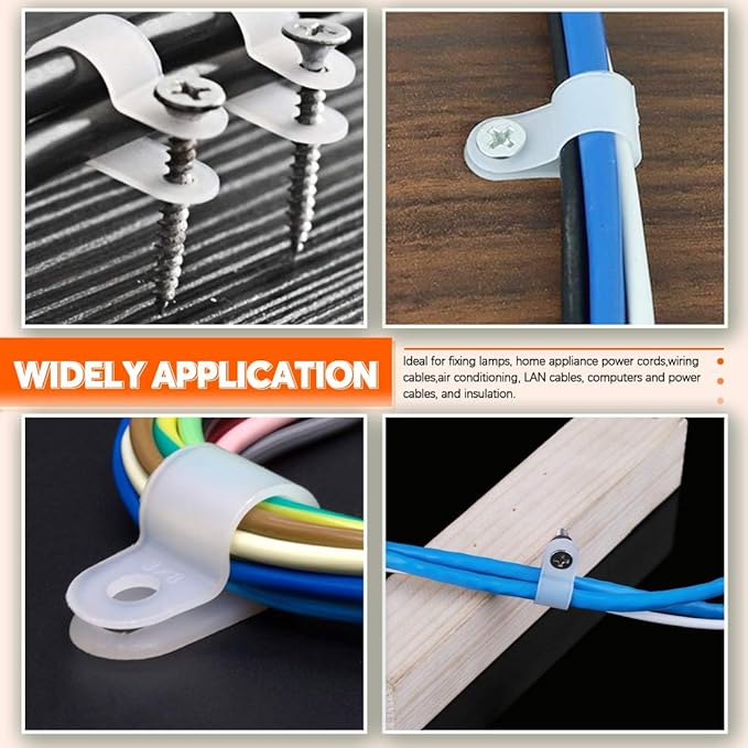 135 Pcs Cable Clamp 6 Size White Nylon R-Type Cord Wire Organizer Clips Fasteners Assortment kit with 135 Pack Screws for Wire Management