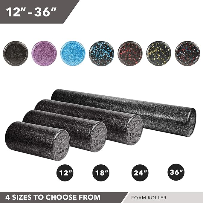 Day 1 Fitness High-Density Round Foam Rollers - 4 Size and 8 Color Options - Massage Rollers for Stretching, Deep Tissue and Myofascial Release