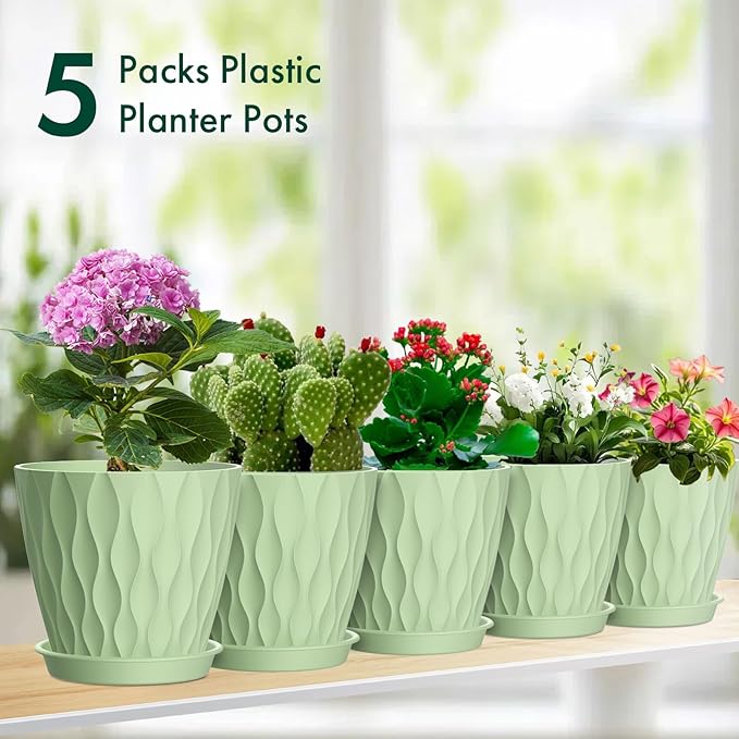 4 inch Small Plastic Nursery Pots, 5 Pack Water Ripples Plant Pots for Indoor Plants, Flower Pots with Drainage Holes and Saucers, Seeding Starter Planters for Decorative, Green