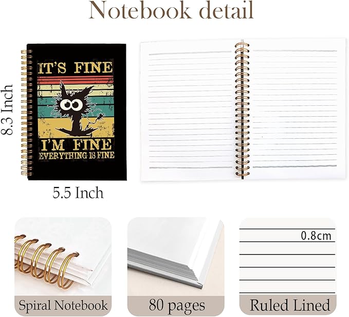 It's Fine I'm Fine Everything is Fine Funny Notebook, Black Cat Notebook Journal, Funny Journals for Women, Cat Lover Gifts for Women, Cat Mom Gifts, Cat Office Supplies, 5.5x8.3 Inch