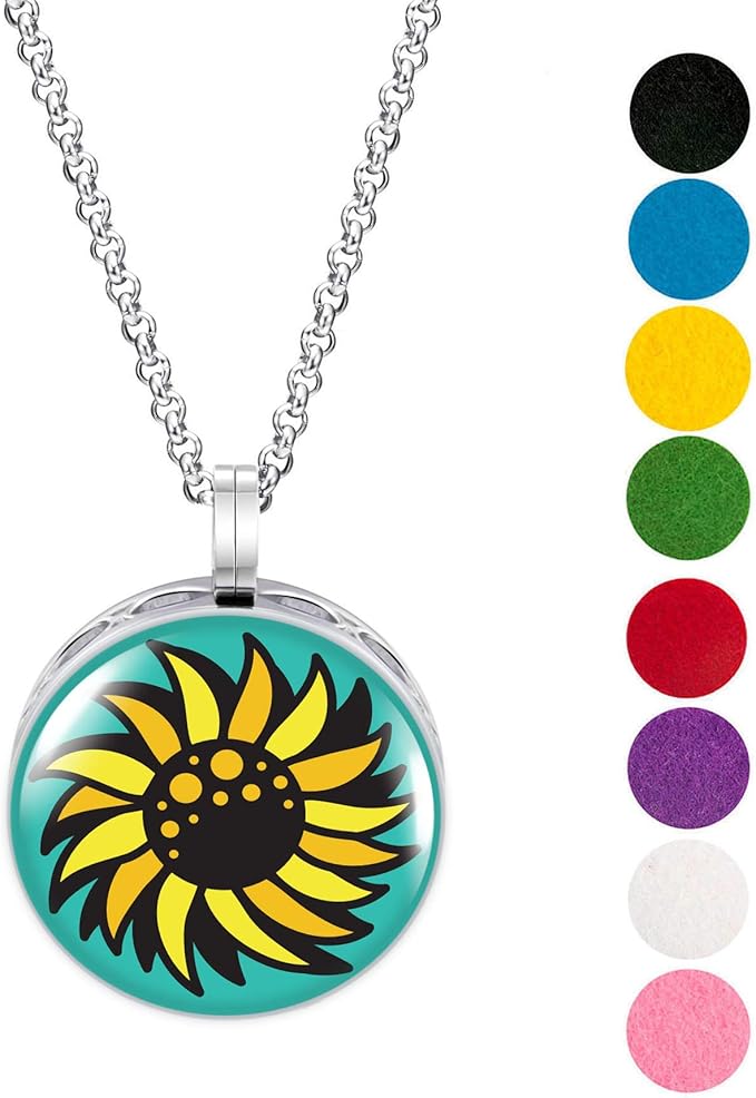 Wild Essentials Sunflower Enamel Finish Essential Oil Diffuser Necklace Gift Set - Includes Aromatherapy Pendant, 24" Stainless Steel Chain, 8 Color Refill Pads