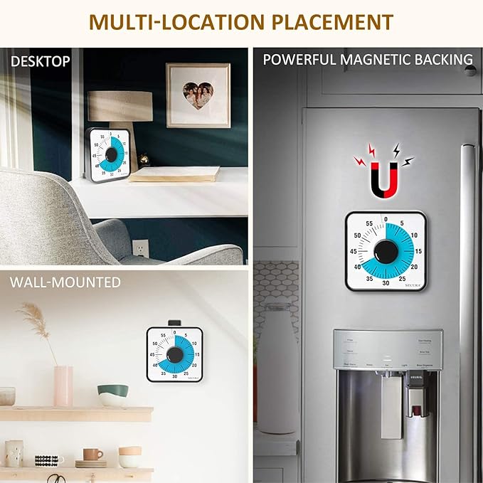 Secura 60-Minute Visual Countdown Timer, 7.5-Inch Oversize Classroom Visual Timer for Kids and Adults, Durable Mechanical Kitchen Timer Clock with Magnetic Backing (Blue)