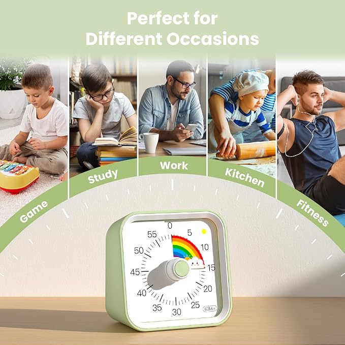Visual Timer with Pause Function, 60 Minute Countdown, Pomodoro Timer for Kids, Productivity Timer, Time Management for Kitchen Cooking, Study, Teaching, Office Meetings (Rainbow Green)