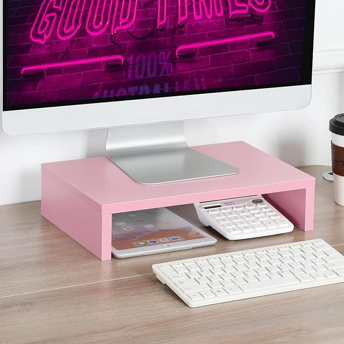 TEAMIX Pink Monitor Stand Riser, Wood Monitor Riser with Storage for Desk Small Monitor Stand TV/Screen/PC/Laptop Riser Computer Stand Desktop Shelf (Pink-14.2 inch)