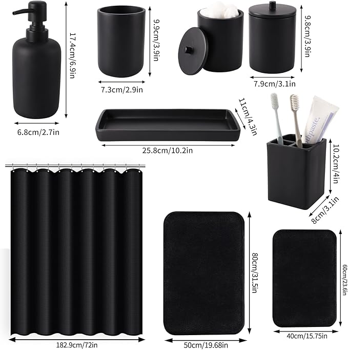 21 Pcs Bathroom Accessory Set with Waterproof Shower Curtain and Non Slip Mat,Resin Bath Set with Toothbrush Holder and Lotion Soap Dispenser,Bathroom Countertop Organizer Set for Home Apartment
