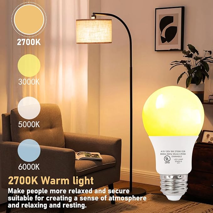 12-Pack Soft White LED Bulbs - Perfect for Bedroom & Living Area, 60W Equivalent, 2700K, 9W, 15000-Hour Lifespan, E26 Socket