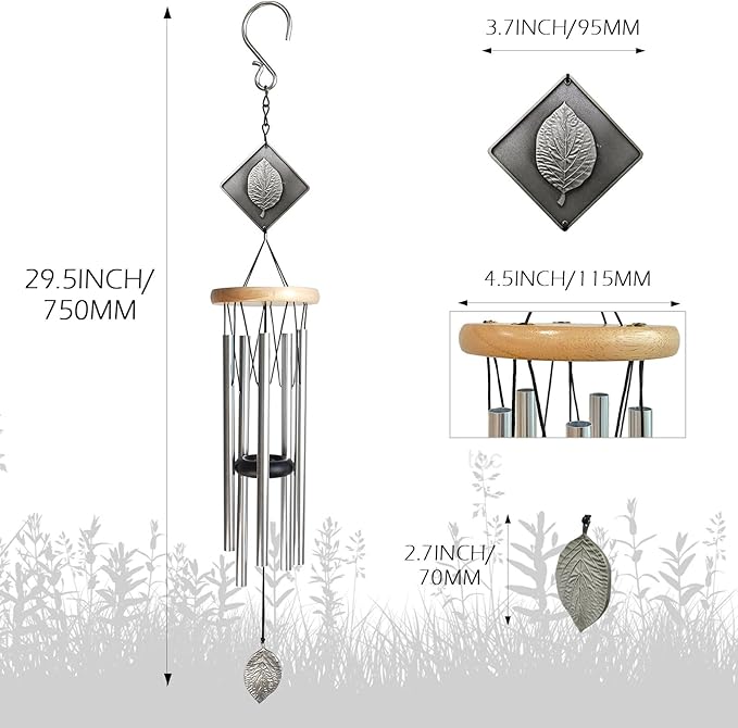 Wind Chimes for Outside,29" Lucky Leaf Memorial Wind Chimes Create a Zen Atmosphere for Oudoor,Garden Patio Yard Decor,Lucky Gift for Women/Mother/Father/Christmas/Unisex(Silver)