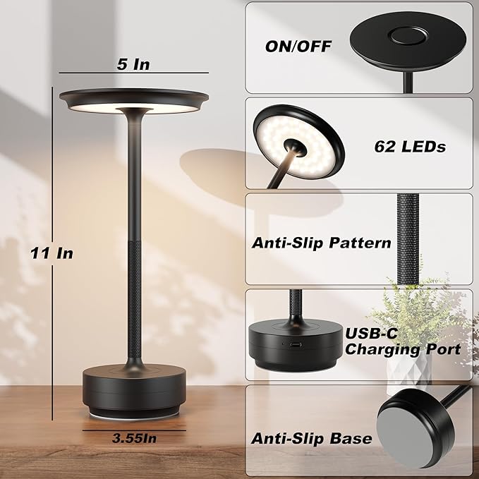 Cordless Rechargeable Table Lamps, Portable 5000mAh Restaurant Table Lamp, 3 Color Stepless Dimming LED Table Light with Memory Function, for Outdoor/Dinner/Patio/Camping.(Black)