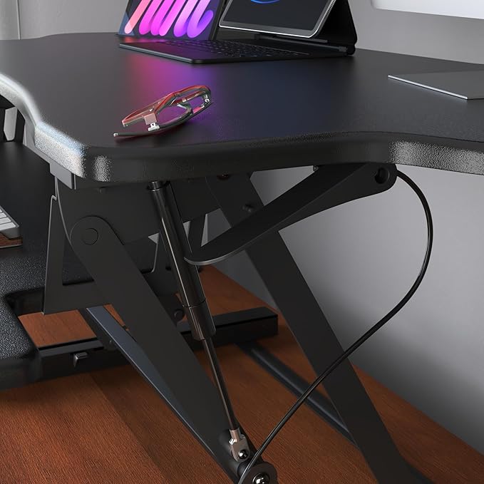 Mount-It! Standing Desk Converter, 48" Wide Sit Stand Desk Riser with Dual Gas Spring Handles, Height Adjustable from 6"–19.25", Extra Large Tabletop for 2 Monitors, Keyboard Tray & Device Slot, Black