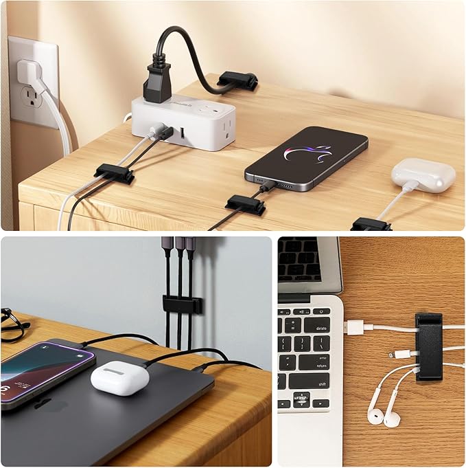 Self Adhesive Cable Management Clips, Line Clips, Cable Organizers, TV PC Line Clips, Ethernet Cable Clips Under Desks - Durable PA66 Material, Easy to Install (Black 20Pcs)