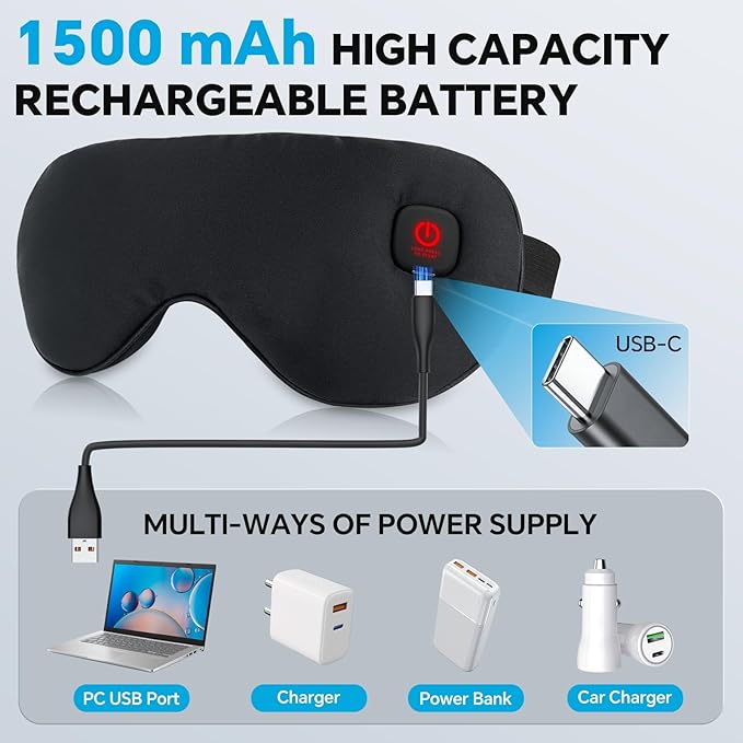 Heated Eye Mask for Dry Eyes Relief, Cordless Eye Mask with 3 Heat Settings, Washable Eye Cover, Warm Heating Pad for Stye Eye Treatment & Travel Use