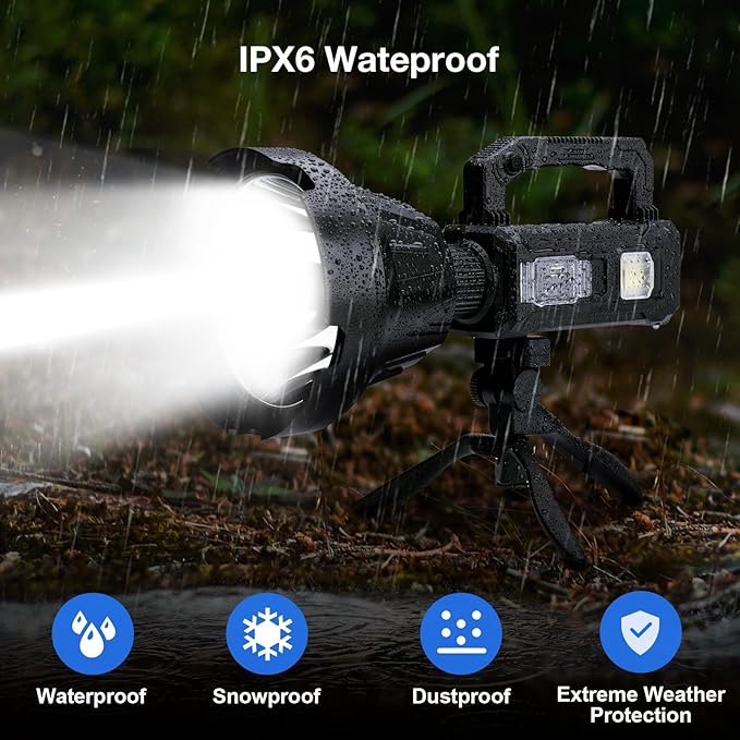 Solar Rechargeable Spotlight, 2,000,000L High Lumens Led Spot Lights Outdoor Handheld Super Bright Long Range Flashlight with 6 Modes, 3 Colored Filters, Tripod, USB C for Fishing Boating