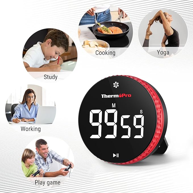 ThermoPro 99-Hour Digital Kitchen Timer with Strong Magnetic & Stable Stand, Classroom Timers with 3-Volume-Level, Stopwatch/Timer with Large LED Display, Digital Timers for Classroom, Office & Gym