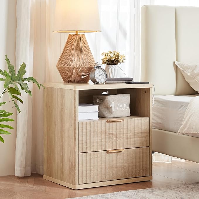 LEYAOYAO Fluted Nightstand with Charging Station, 23" Wide 2 Drawers End Table, Natural Night Stand with Open Storage Cabinet, Farmhouse Bed Side Tables, Wood Dresser for Bedroom, Living Room, Closet