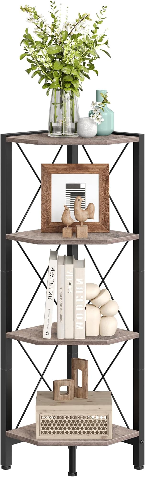4-Tier Corner Shelf, Corner Bookcase, 43.3" Tall Vertical Display Rack, Plant Stand, Open Storage Shelf, for Living Room, Bedroom, Study, Kitchen, Greige and Black TCJ14BG