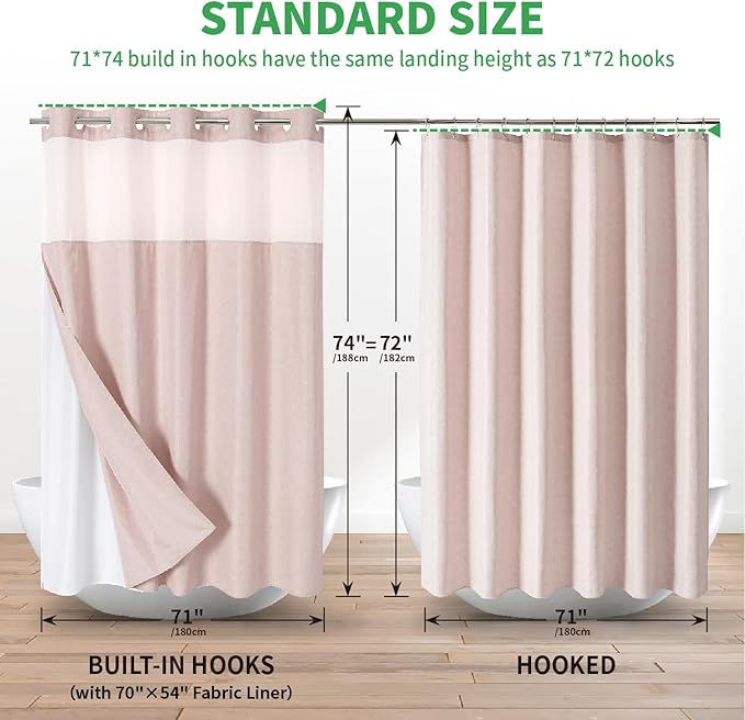 No Hooks Needed Linen Textured Shower Curtain with Snap-in Fabric Liner Set,Blush Hotel Luxury Decor Shower Curtains for Bathroom with Mesh Top Window,Waterproof & Washable,71Wx74H