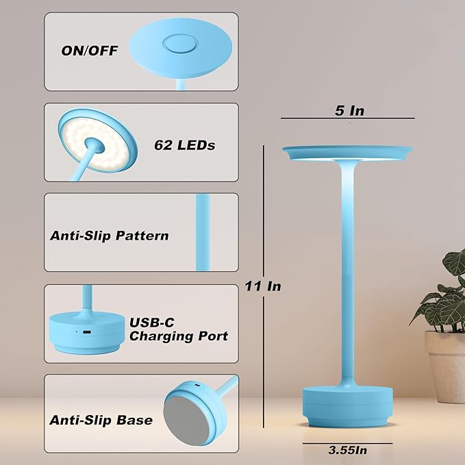 Rechargeable Cordless Table Lamps, Portable 5000mAh Outdoor Table Light, 3 Color Stepless Dimming LED Table Lamp with Memory Function, for Home/Dinner/Patio/Restaurant.(Blue)