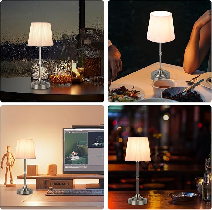 Cordless Rechargeable Table Lamp 5200mAh - Stepless Dimming & 3-Color Temperature, Touch Control Bedside Lamp with Fabric Shade for Bedroom, Patio, Camping, Balcony.(Silver)