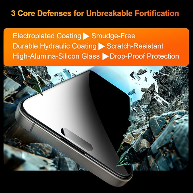 OneFish 2 Pack Privacy Screen Protector for iPhone 16 Pro - 4-Way 360° Anti-Spy Tempered Glass, 9H Hardness, 3D Curved Edges, Case-Friendly & Easy Installation