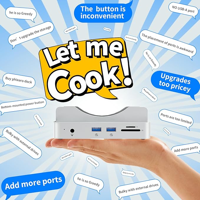 Phixero (1TB Storage) M4 Mac mini Dock, Aluminum unibody Design, 6-in-1 hub, 10Gbps USB-A, SD/TF Reader, Space-Saving Design, Non-Removable SSD