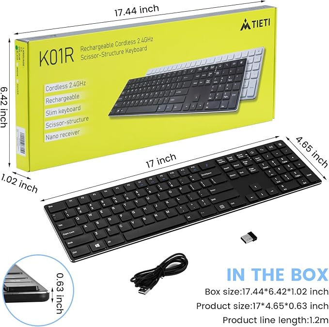 TIETI K01R Wireless Keyboard, 2.4G Slim and Compact Wireless Keyboard with Numeric Keypad, Long Battery Life, Lag-Free for PC Laptop Computer Windows, Black