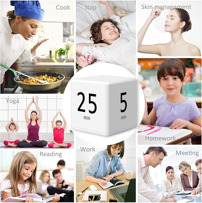 Rotating Pomodoro Timer, 5/25/15/45 Mins Preset, Desk Cube Countdown Flip Productivity Timer for ADHD, Time Management, Classroom, Workout, Kitchen, Cooking, Study, White