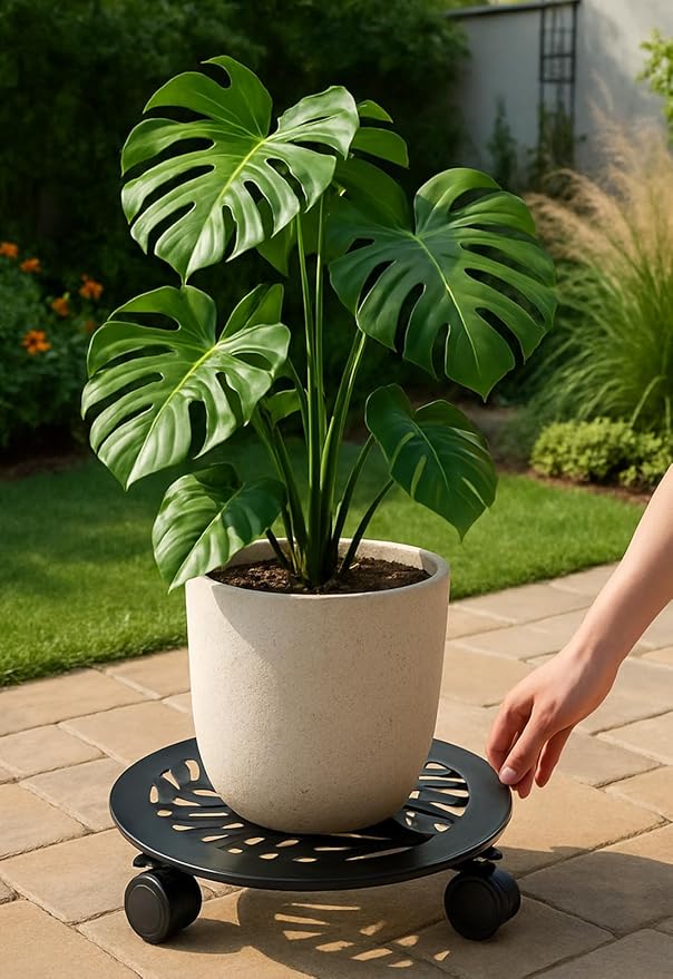 1 Packs Large Metal Plant Caddy with PU Wheels 13.6" Heavy-Duty Wrought Iron Rolling Plant Stands Indoor Outdoor Wheeled Plant Dolly Planter Mover Rollers Plant, Leaf Style