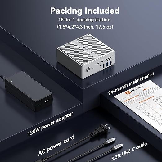 TobenONE DisplayLink Docking Station 4 Monitor with 4 HDMI, 18-in-1 Quad/Triple 4K@60Hz Display Dock with 120W Power Supply for Thunderbolt 5/4/3, USB4, USB-C Windows, MacBook(8 USB, Ethernet, etc)