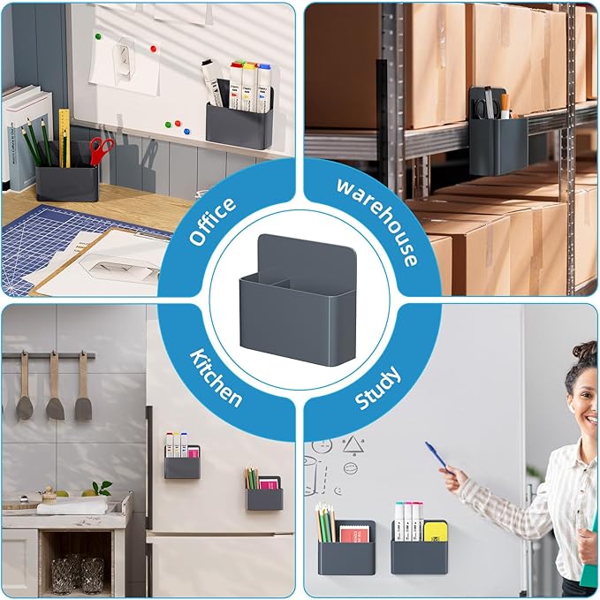 Mabrasse 2p Magnetic Dry Erase Marker Holder,Pen and Eraser Holder for Whiteboard, Magnet Pencil Cup Utility Storage Organizer for Office, Refrigerator, Locker and Metal Cabinets(Grey)