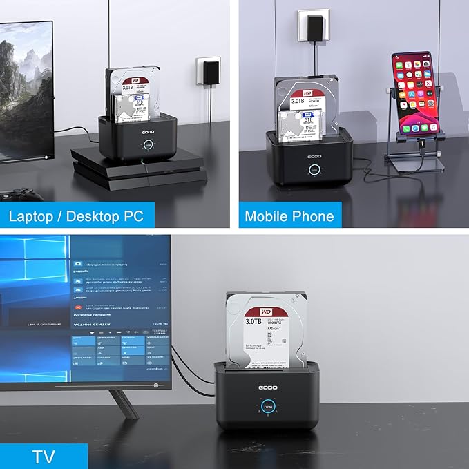 GODO Hard Drive Docking Station to USB 3.0 Type C,Dual Bay Hard Drive Dock for SATA 2.5/3.5 inch HDDs/SSDs with LED Indicator,Support Offline Clone/Duplicator 2 * 18TB Black