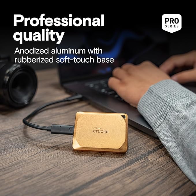 Crucial X10 Pro 4TB Portable SSD, Up to 2,100MB/s Read, 2000MB/s Write, USB 3.2 USB-C, External Solid State Drive, Durable Storage for Professional Creators, Gold - CT4000X10PROSSD9D02