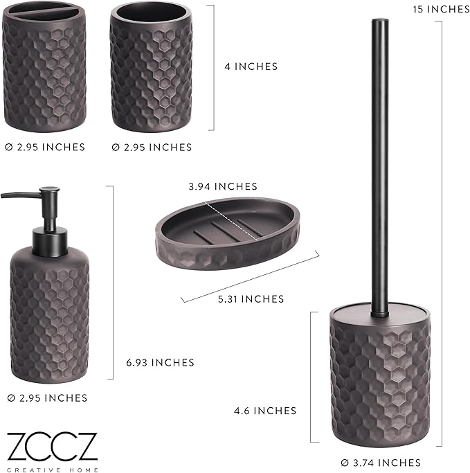 zccz Bathroom Accessories Set 5 Pcs - Soap Dispenser, Toilet Brush Holder, Toothbrush Holder, Bathroom Tumbler, Soap Dish - Vintage Bathroom Accessory Set Decor Countertop Vanity Organizer, Warm Grey