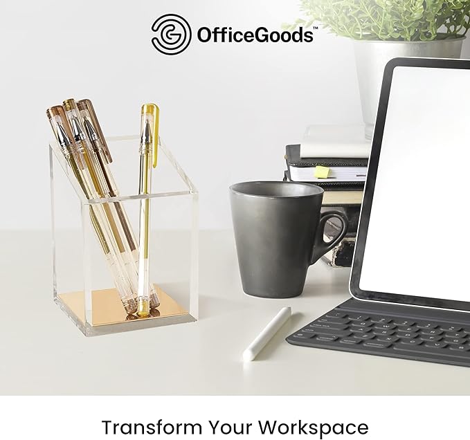 OfficeGoods Acrylic Pen & Pencil Holder - Modern Trapezoid Design - Beautiful Desk Organizer for Home or Office - Contrasting Metal Base - 3" Square w/ 3.5" Front & 4.5" Back - Gold