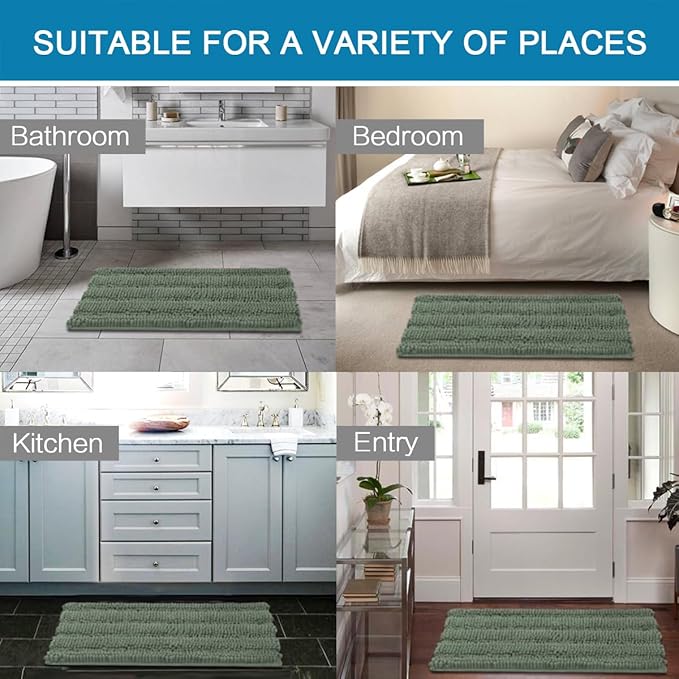 H.VERSAILTEX Bath Rugs for Bathroom Non Slip Bath Mats Extra Thick Chenille Striped Rug 20" x 32" Absorbent Non Skid Fluffy Soft Shaggy Washable Dry Fast Plush Mat for Indoor, Bath Room - Green Bay