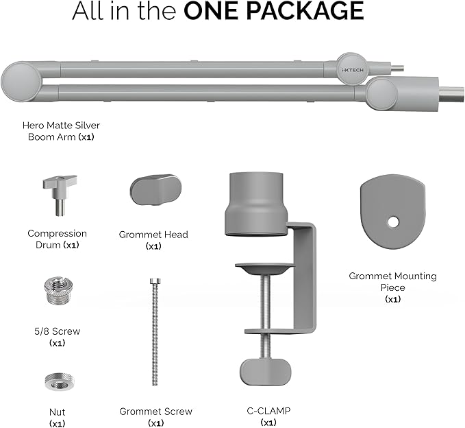 IXTECH Boom Arm - Adjustable 360° Rotatable Microphone Sturdy Stainless Steel Mic Desk, Table Stand Foldable Scissor Stable Mount Arms for Radio Studio, Podcast, Gaming (MATTE SILVER)