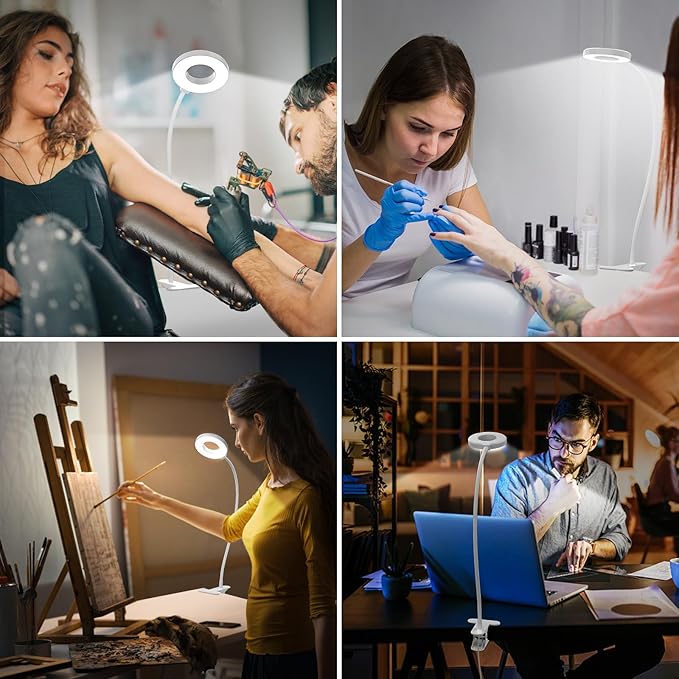 iZELL Book Light, Clip on Reading Light with Flexible Gooseneck, Dimmable LED Lamparas Clamp on Workbench Desk for Studying Painting Crafting Drawing Makeup Nail Tech Puzzle Task - 27.6‘’ White