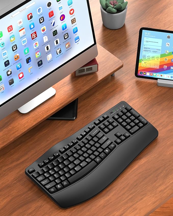 Ergonomic Wireless Keyboard with Wrist Rest, Wave Keys, Comfortable Natural Typing, 2.4GHz Full Size Ergo Wireless Computer Keyboard for Multi-OS, Windows, Mac OS Laptop/PC/Notebook (Black)