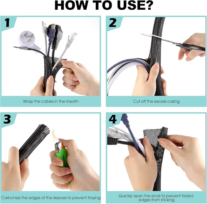 AGPTEK Cable Sleeve Cover, 6.6ft - 1.2 inch Desk Cord Organizer Cable Hider, Home Office Wire Management Computer TV Wire Loom Tubing, Pet Proof Cord Protector, from Cat Dog Chewing, Black