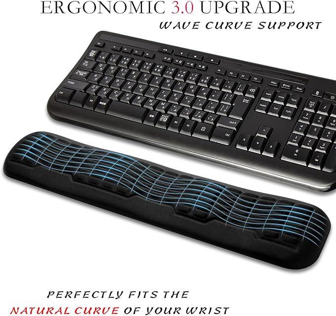 UnivoColors Memory Foam Keyboard Wrist Rest,Latest 3.0 Wave Curve Design,High-Resilience Memory Foam,Non-Slip Base Fits,Full-Sized Keyboards,Ideal for Work and Gaming(Black)