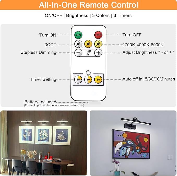 Wireless Battery Operated Picture Light,Rechargeable Wall Light with Remote and Timer,15.75 Inch Black Dimmable Painting Light,3CCT with Adjustable Swing Arm for Display Gallery Lighting