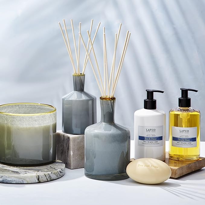 LAFCO New York Signature Reed Diffuser, Sea & Dune - 15 oz - Up to 9 Months Fragrance Life - Reusable, Hand Blown Glass Vessel - Natural Wood Reeds - Made in The USA