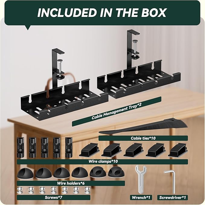 Under Desk Cable Management Tray, Extendable 11.2" to 21.6" Cable Management Under Desk Tray, No Drill with Clamp for Home Office